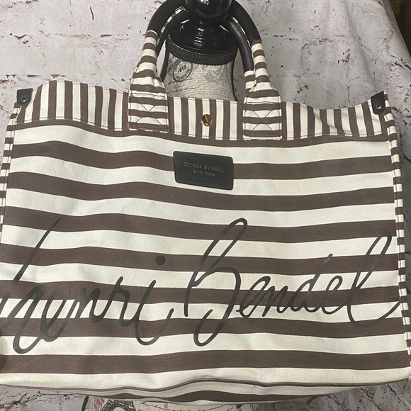 Henri Bendel Striped Canvas Tote Bag Brown White Signature Large - Picture 3 of 15